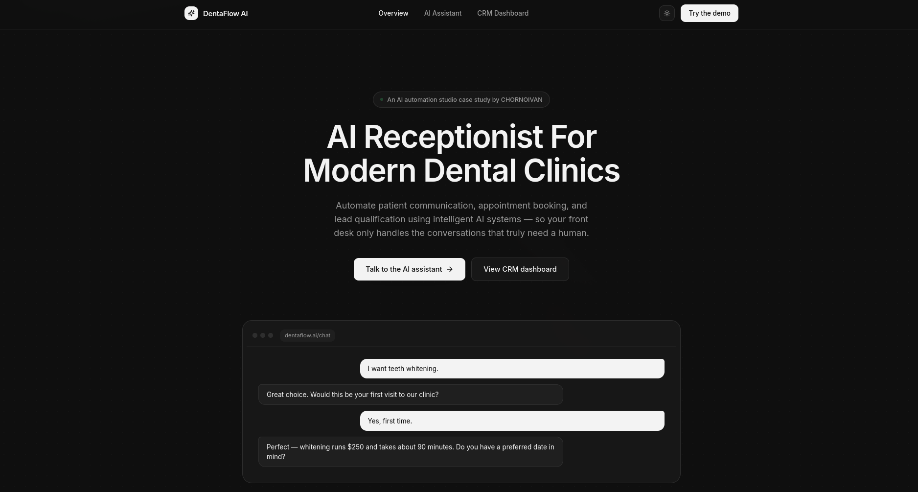 DentaFlow product interface showing the patient booking conversation flow